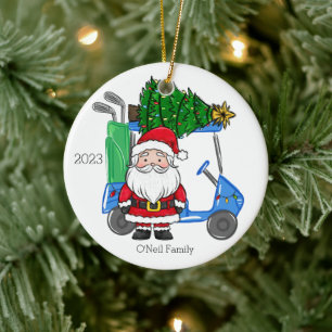 Santa Blue Golf Cart Christmas Tree Custom Ceramic Tree Decoration