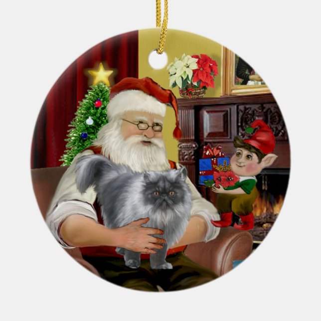 Santa - Blue smoke Persian cat Ceramic Tree Decoration (Front)