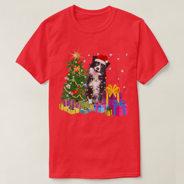 Santa Border Collie Dog Christmas Tree Light Funny T-Shirt (Design Front)