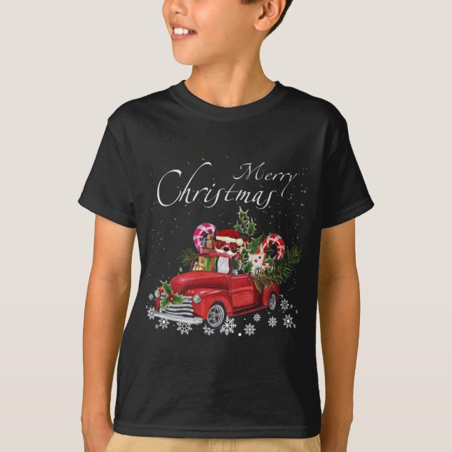Santa Boston Terrier Riding Red Truck Merry Christ T-Shirt (Front)