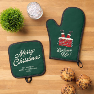 Santa Bottoms Up Funny Christmas Cooking Gift Oven Mitt & Pot Holder Set