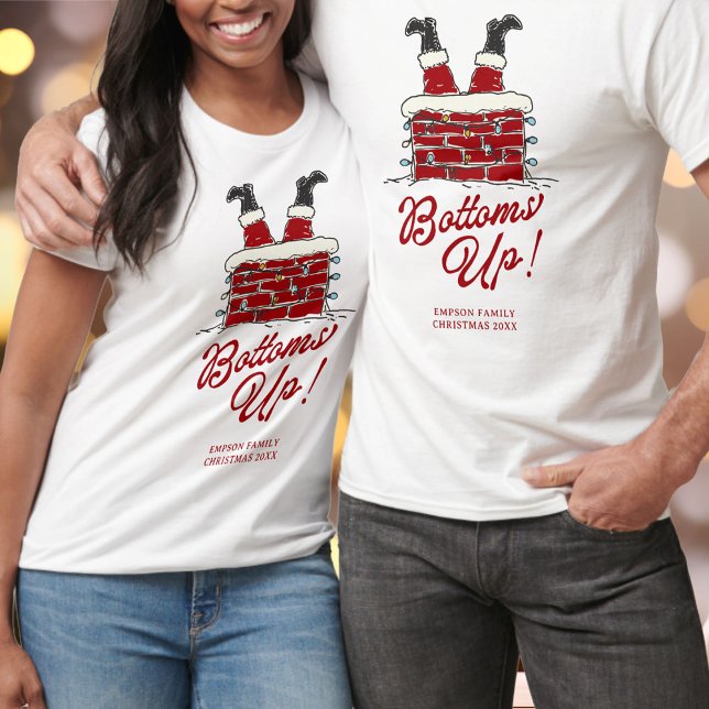 Santa Bottoms Up Funny Matching Holiday Party T-Shirt (White Christmas t-shirts with Santa upside down in a chimney, whimsical lights, red “Bottoms Up!” )