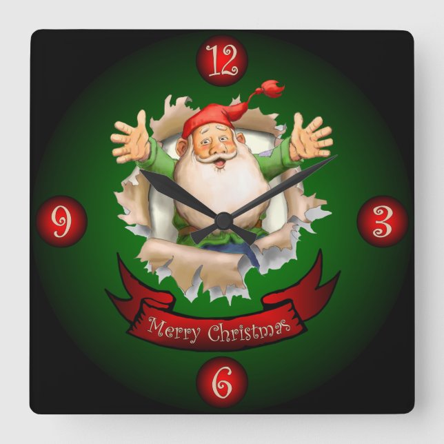 Santa Breakthrough ~  Merry Christmas Greetings ~ Square Wall Clock (Front)