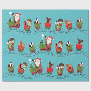 Santa & Brunette Boy on Train Wrapping Paper