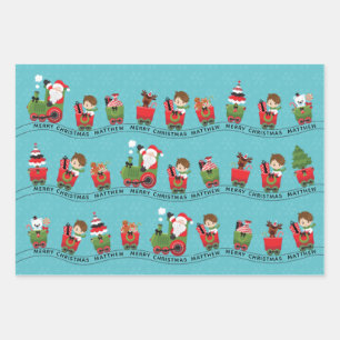 Santa & Brunette Boy on Train Wrapping Paper Sheet