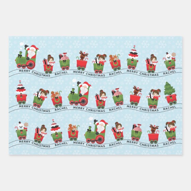 Santa & Brunette Girl on Train Wrapping Paper Sheet (Front 3)