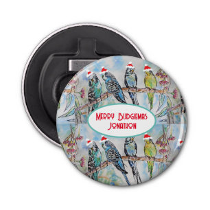 Santa Budgie Christmas Watercolor Painting Bird Bottle Opener