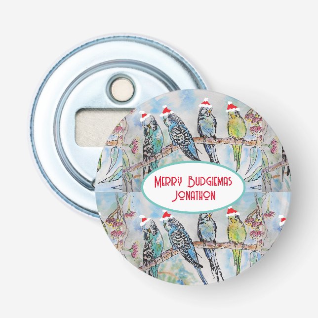 Santa Budgie Christmas Watercolor Painting Bird Bottle Opener (Front)