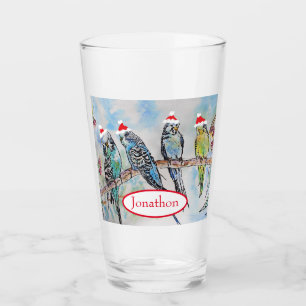 Santa Budgie Christmas Watercolor Painting Bird Glass