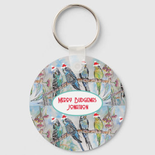 Santa Budgie Christmas Watercolor Painting Bird Key Ring