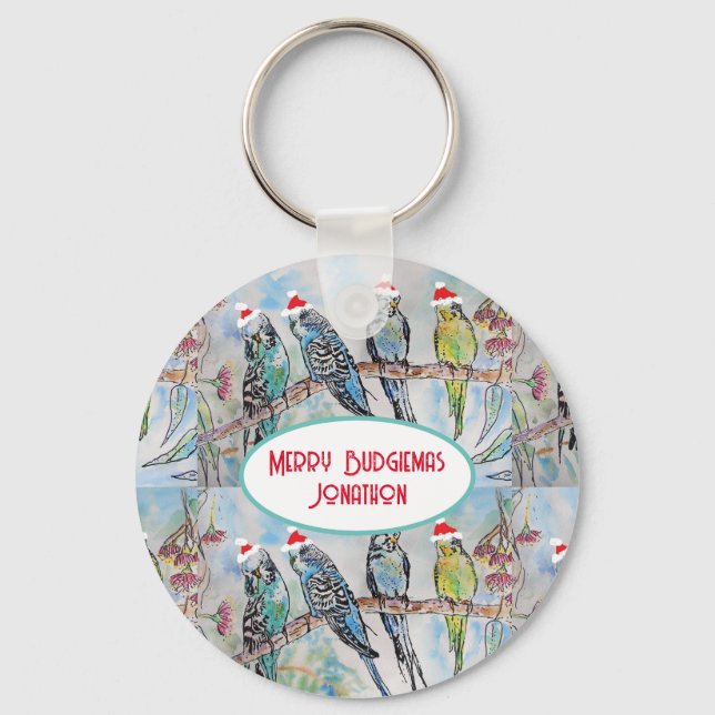 Santa Budgie Christmas Watercolor Painting Bird Key Ring (Front)