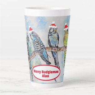 Santa Budgie Christmas Watercolor Painting Bird Latte Mug