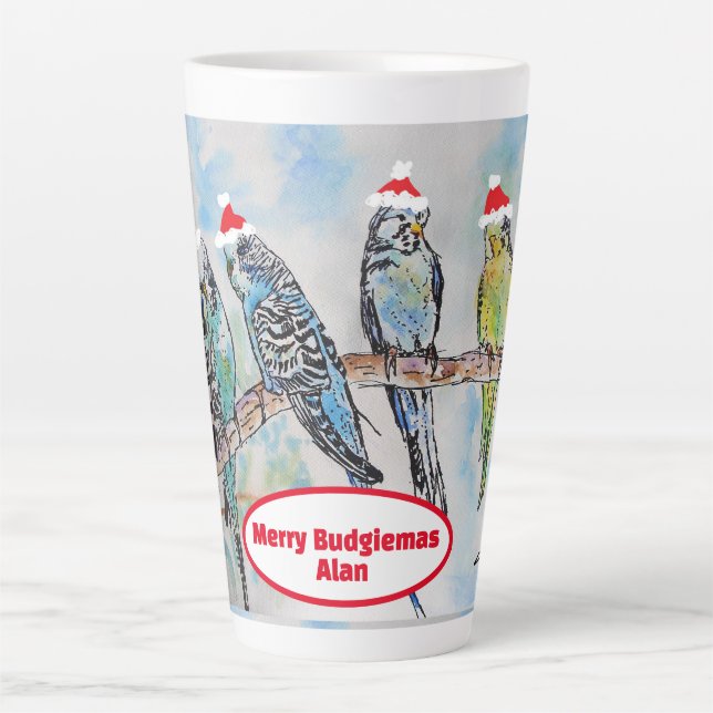 Santa Budgie Christmas Watercolor Painting Bird Latte Mug (Front)