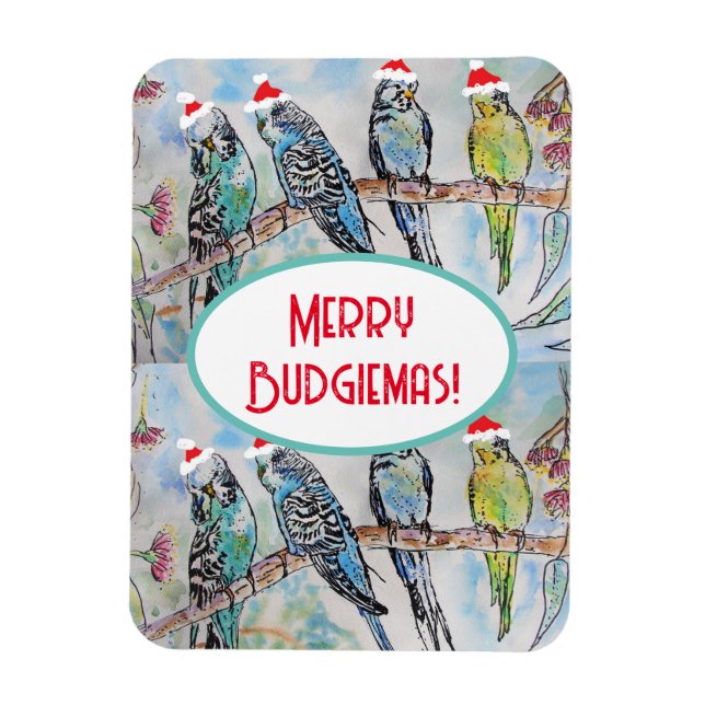 Santa Budgie Christmas Watercolor Painting Bird Magnet (Vertical)