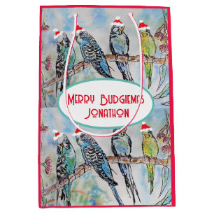 Santa Budgie Christmas Watercolor Painting Bird Medium Gift Bag