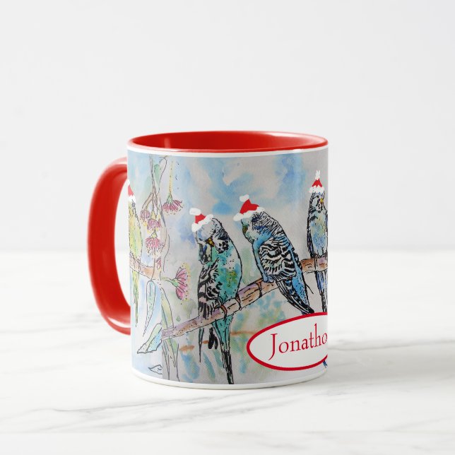 Santa Budgie Christmas Watercolor Painting Bird Mug (Front Left)