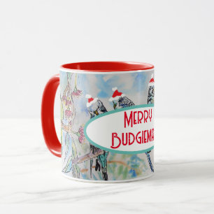 Santa Budgie Christmas Watercolor Painting Bird Mug