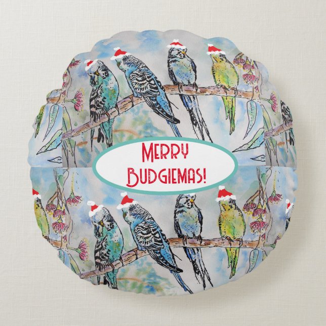 Santa Budgie Christmas Watercolor Painting Bird Round Cushion (Front)