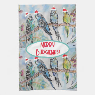 Santa Budgie Christmas Watercolor Painting Bird Tea Towel