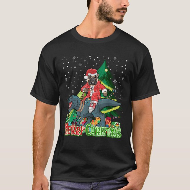 Santa Bulldog Riding Dinosaur T rex Christmas Xmas T-Shirt (Front)