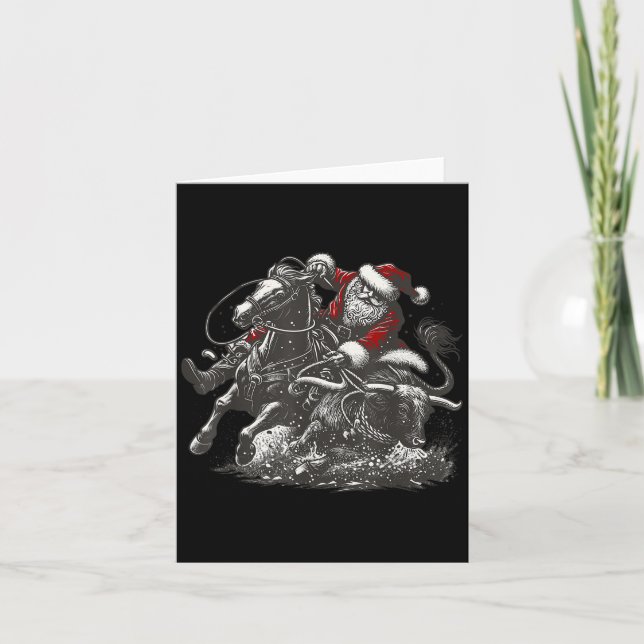 Santa Bulldogging Christmas Cowboy Santa Rodeo Xma Card (Front)