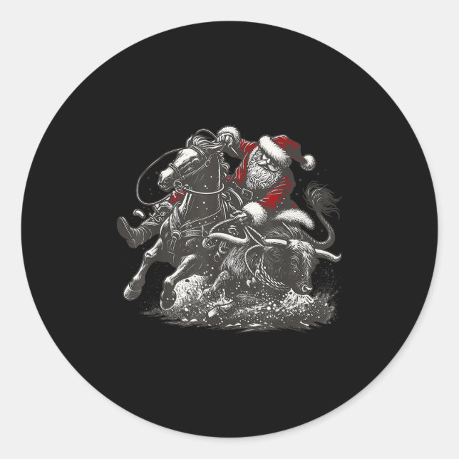 Santa Bulldogging Christmas Cowboy Santa Rodeo Xma Classic Round Sticker (Front)