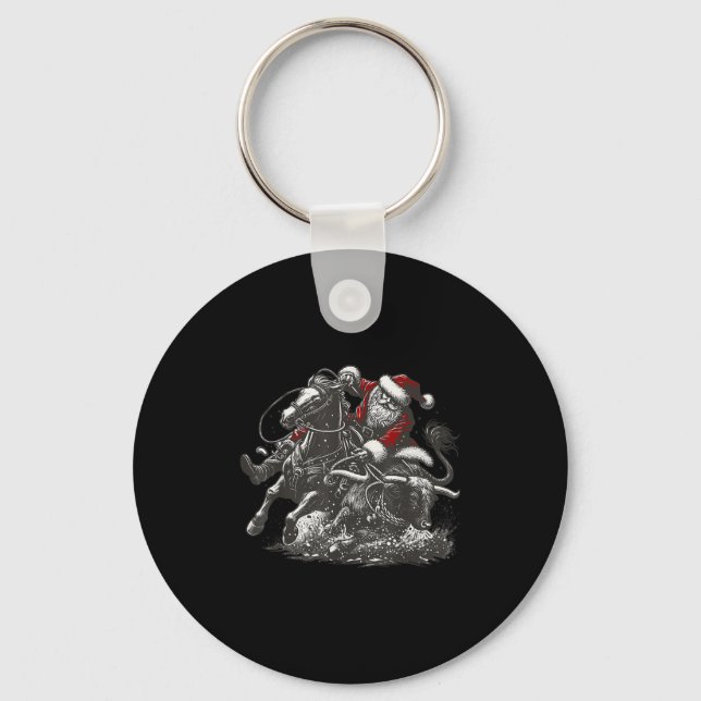 Santa Bulldogging Christmas Cowboy Santa Rodeo Xma Key Ring (Front)