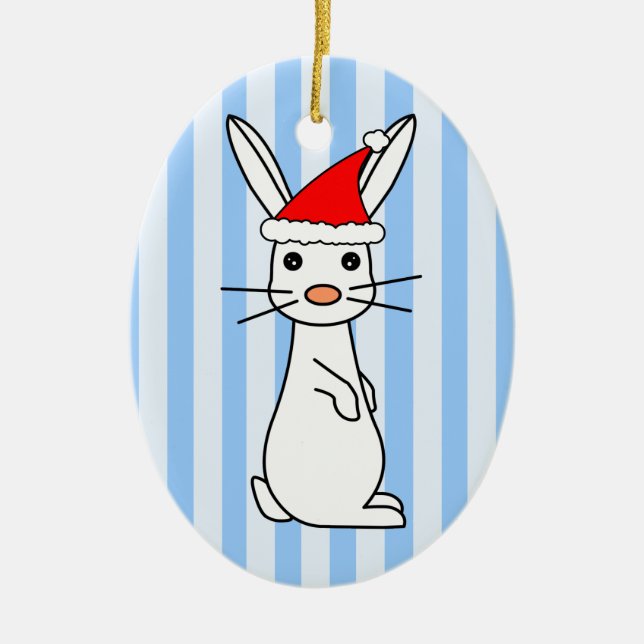 Santa Bunny - White with Blue Stripes Ceramic Tree Decoration (Front)