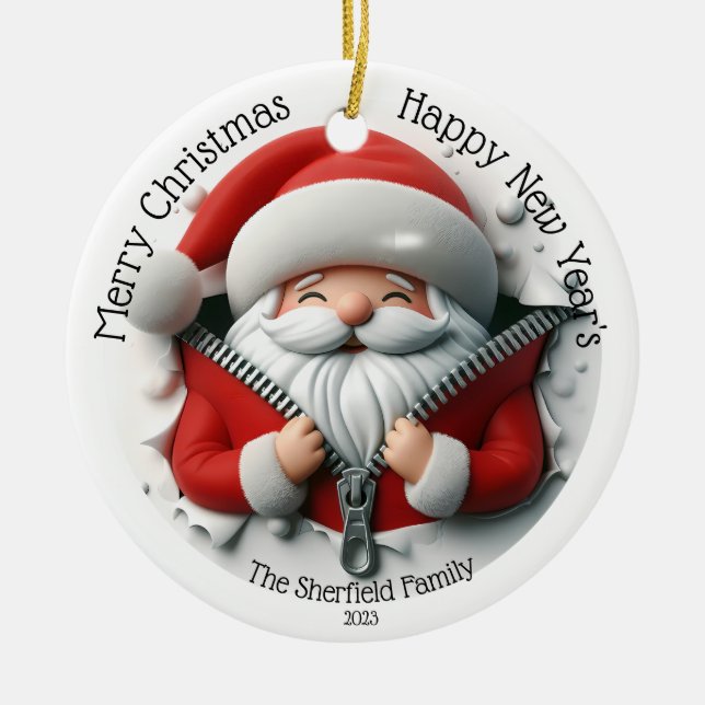 Santa - Busted Zipper Personalised Christmas Ceramic Tree Decoration (Front)