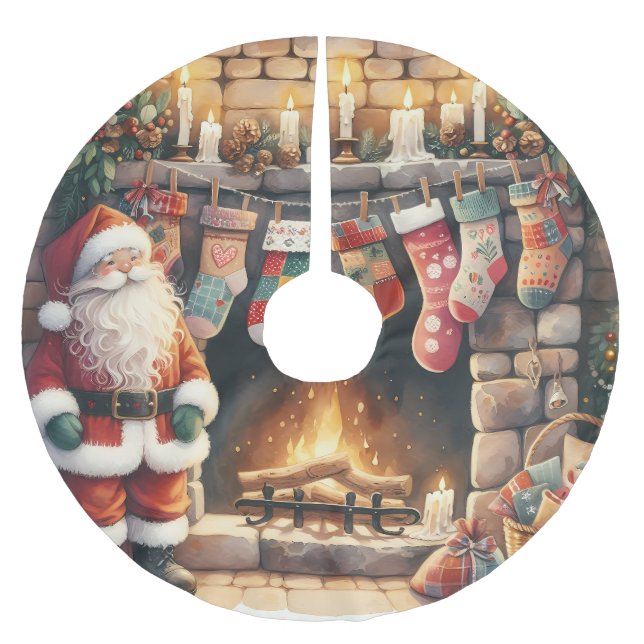 Santa by Fireplace Christmas Stockings Brushed Polyester Tree Skirt (Front)