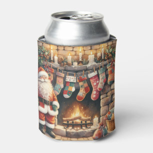 Santa by Fireplace Christmas Stockings Can Cooler