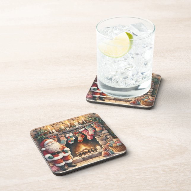 Santa by Fireplace Christmas Stockings Coaster (Right Side)