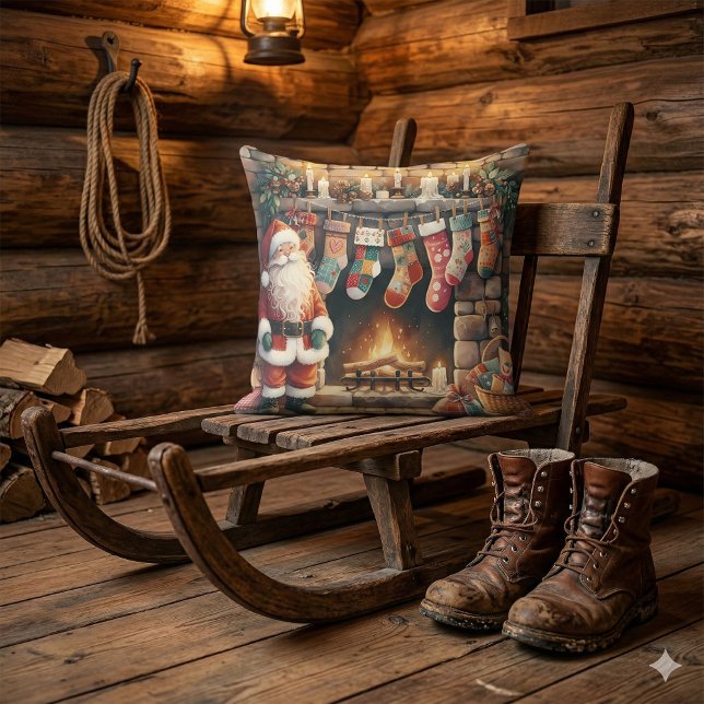Santa by Fireplace Christmas Stockings Cushion (Santa by Fireplace Christmas Stockings Throw Pillow Mockup C)