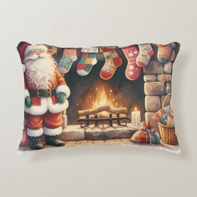 Santa by Fireplace Christmas Stockings Decorative Cushion (Front)