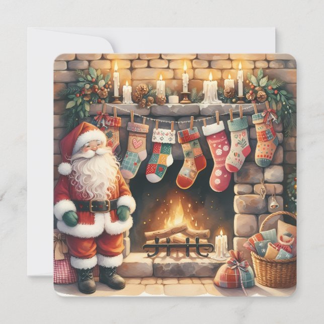 Santa by Fireplace Christmas Stockings Holiday Card (Front)