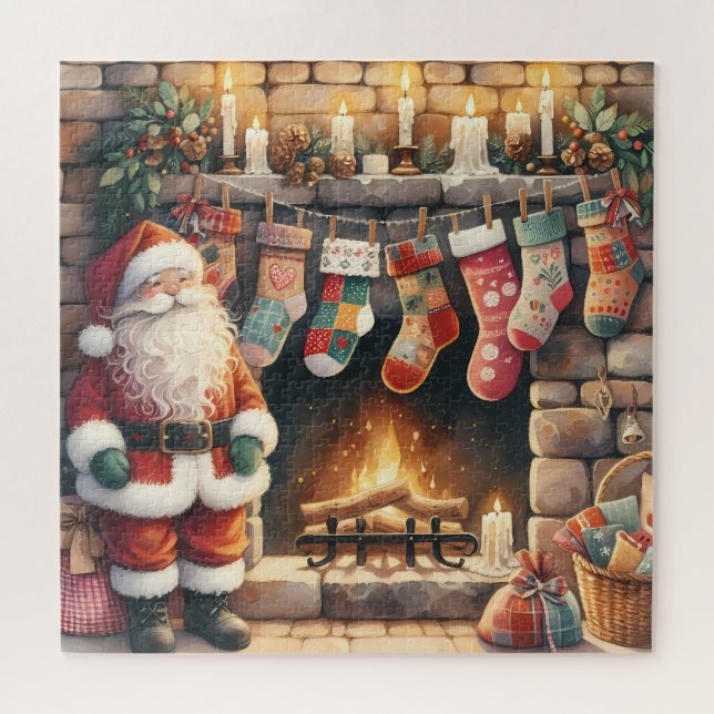 Santa by Fireplace Christmas Stockings Jigsaw Puzzle (Horizontal)