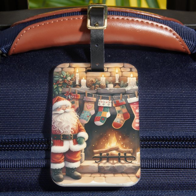 Santa by Fireplace Christmas Stockings Luggage Tag (Front Insitu 2)