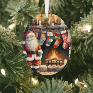 Santa by Fireplace Christmas Stockings Metal Tree Decoration