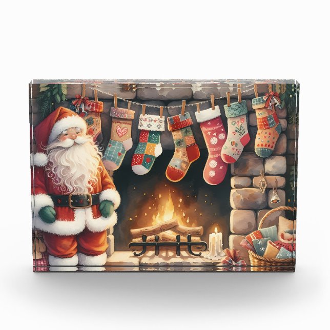 Santa by Fireplace Christmas Stockings Photo Block (Front)