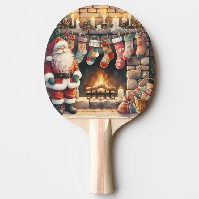 Santa by Fireplace Christmas Stockings Ping Pong Paddle (Front)