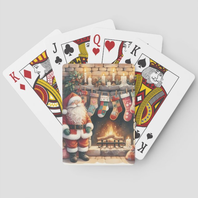 Santa by Fireplace Christmas Stockings Playing Cards (Back)