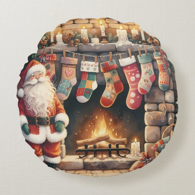 Santa by Fireplace Christmas Stockings Round Cushion (Front)