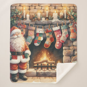 Santa by Fireplace Christmas Stockings Sherpa Blanket