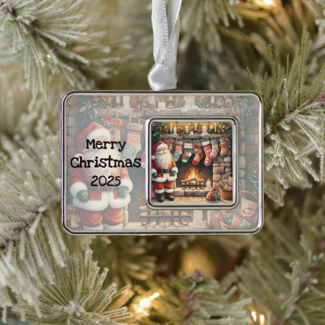 Santa by Fireplace Christmas Stockings Silver Plated Framed Ornament (Tree)