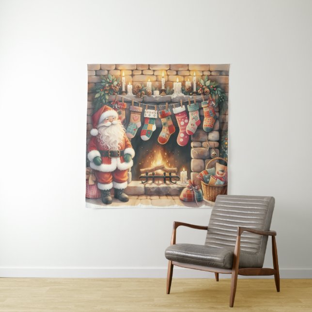 Santa by Fireplace Christmas Stockings Tapestry (In Situ)