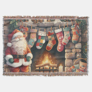 Santa by Fireplace Christmas Stockings Throw Blanket