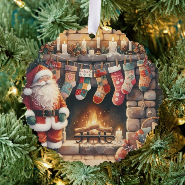 Santa by Fireplace Christmas Stockings Tree Decoration Card (Insitu (Tree))