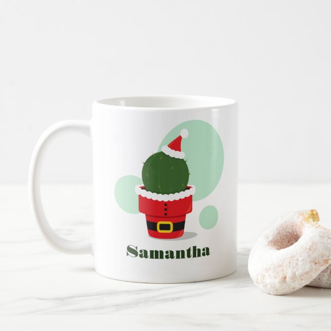 Santa Cactus Name Christmas Coffee Mug (With Donut)