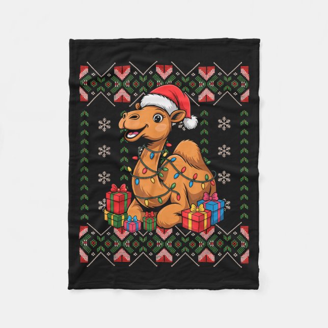 Santa Camel Christmas Ugly Sweater Funny Holiday P Fleece Blanket (Front)