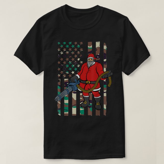 Santa Camo Flag Christmas Machine Gun  T-Shirt (Design Front)